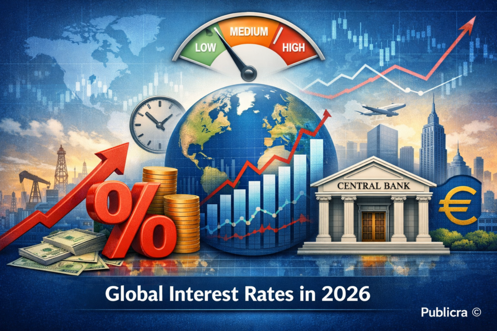 Illustration of global financial symbols representing high interest rates and central bank policies in 2026