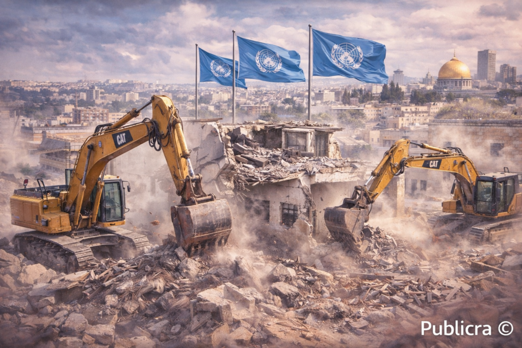 Israeli bulldozers demolish part of the UNRWA headquarters compound in Jerusalem.