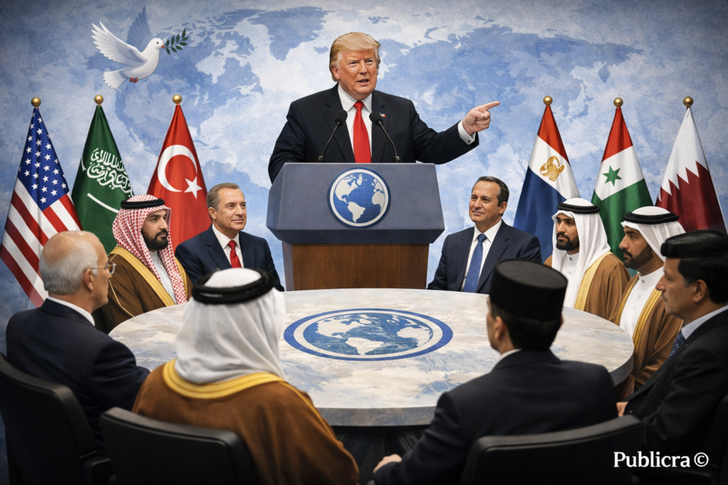 World leaders from Saudi Arabia, Qatar, Turkey and other nations symbolically joining a U.S.-led peace initiative