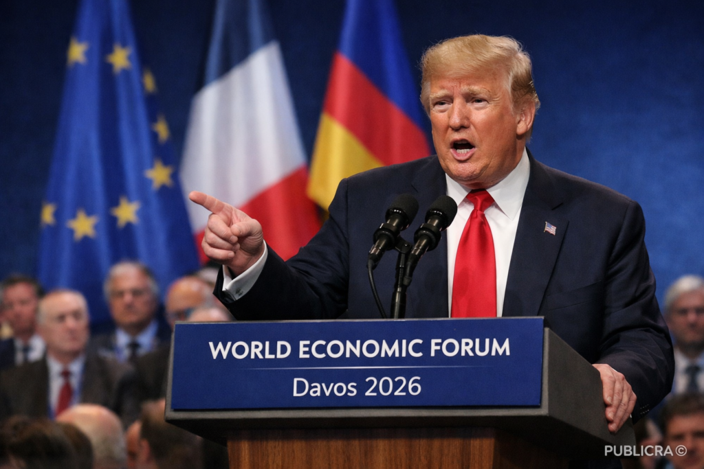 US President Donald Trump speaking at the World Economic Forum in Davos, addressing European leaders on economic and migration issues