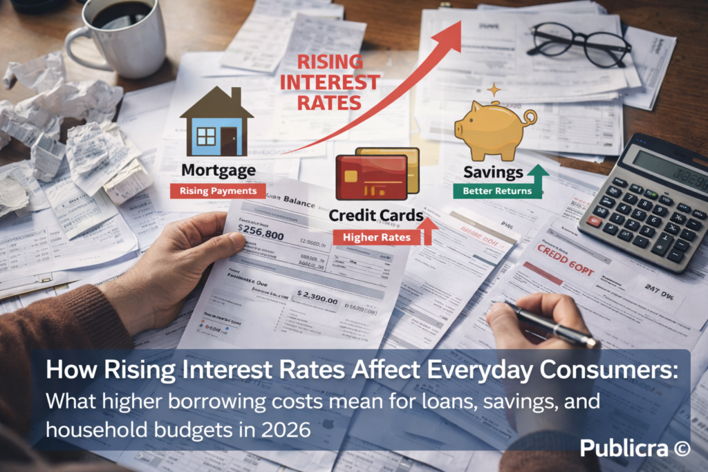 A consumer reviewing household bills and loan statements while interest rates rise