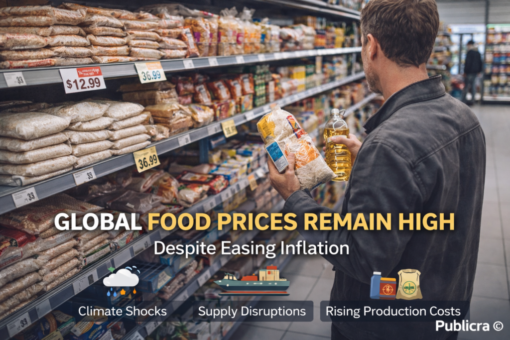 A busy grocery store aisle showing a shopper comparing prices on staple foods such as rice, cooking oil, and bread.