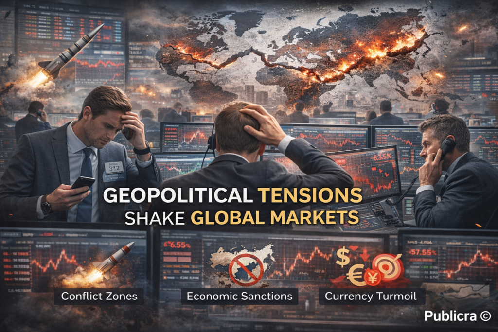 Global financial markets reacting to geopolitical tensions, with stock charts and a world map symbolizing economic instability.