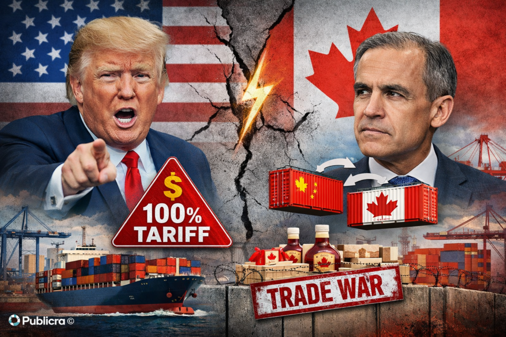 Donald Trump and Canadian Prime Minister Mark Carney standing together at the G7 Summit during rising US–Canada trade tensions