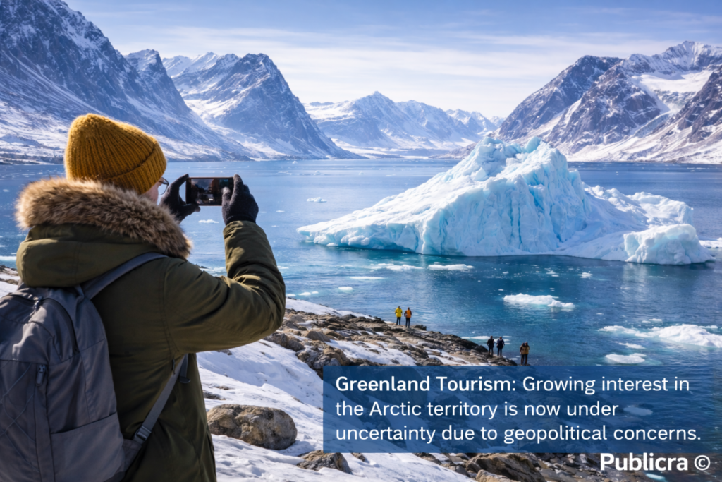 Tourist photographing icy mountains and iceberg along Greenland’s rugged coastline during Arctic travel season