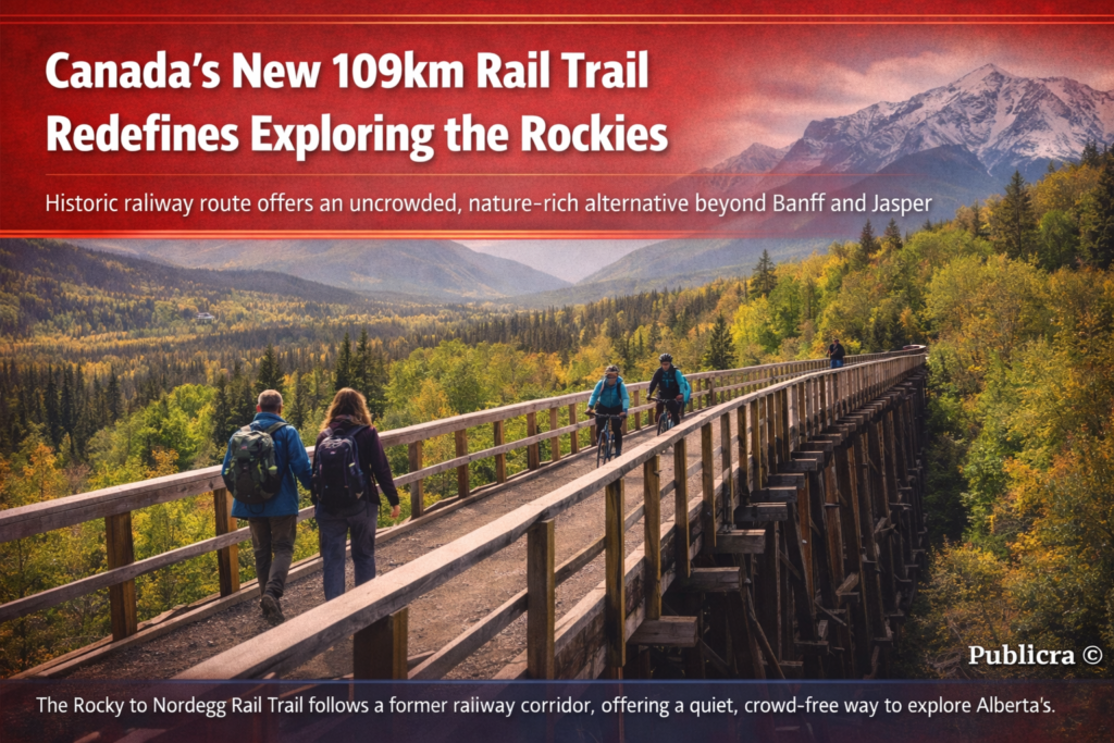 Hikers and cyclists on the Rocky to Nordegg Rail Trail in Alberta’s Canadian Rockies