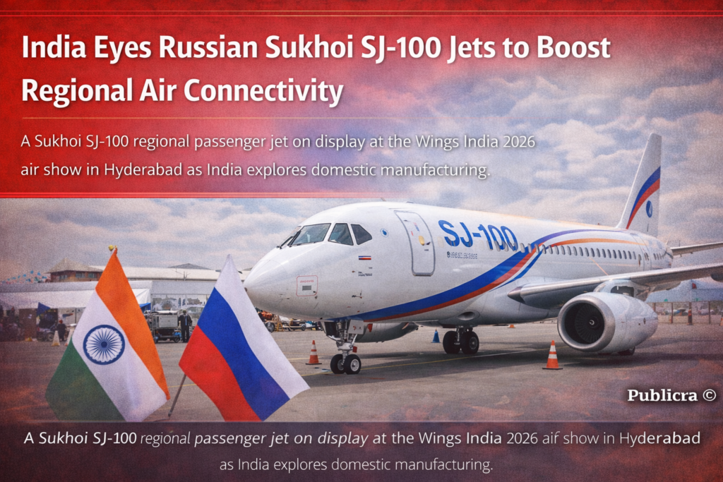 Russian Sukhoi SJ-100 passenger aircraft showcased at Wings India 2026 in Hyderabad