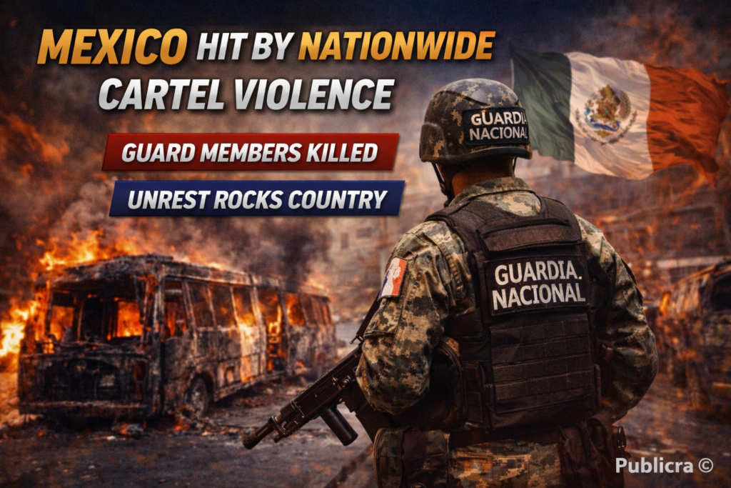 Mexican National Guard member standing near a burned bus after cartel violence erupted in Jalisco