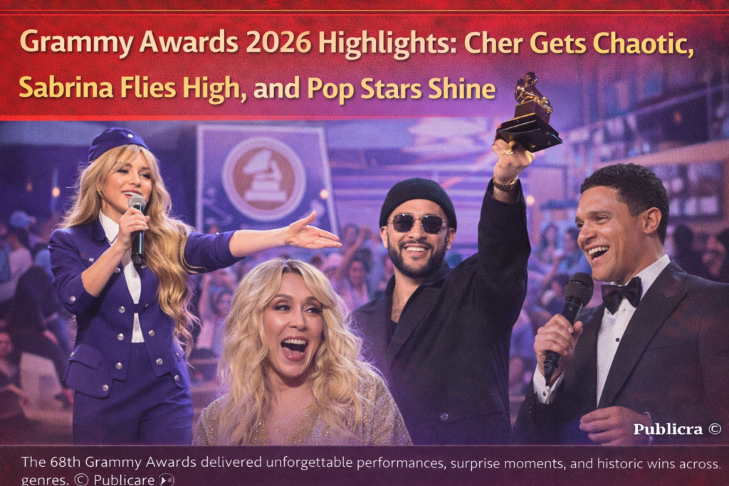 Performers and presenters on stage during the 2026 Grammy Awards