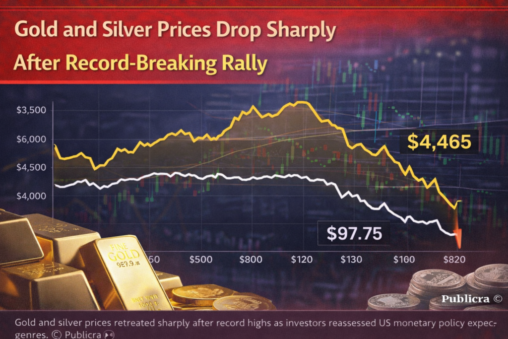 Gold and silver price chart showing sharp decline after historic rally
