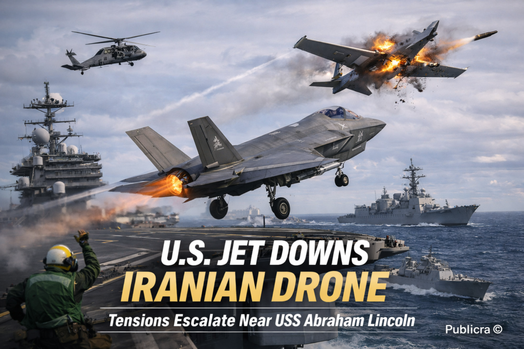 F-35C fighter jet launching from USS Abraham Lincoln during Arabian Sea operations