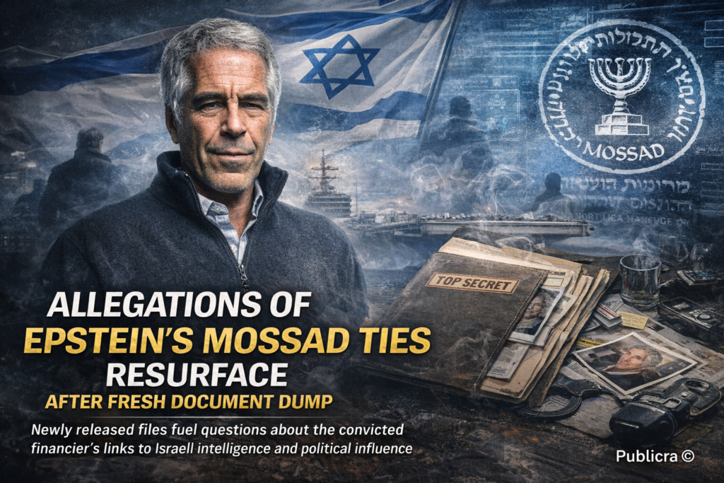 Investigative illustration showing sealed documents, court files, and global power symbols related to Jeffrey Epstein case