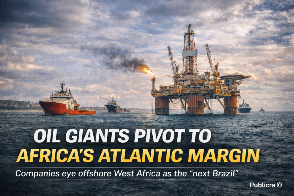 Offshore drilling platform in West Africa with deepwater exploration vessels at sea