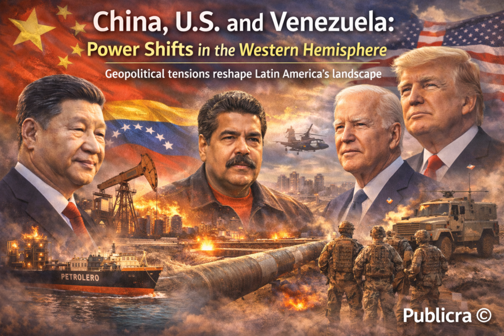 Illustration showing China and U.S. leaders with Venezuelan oil fields and military assets symbolizing geopolitics in Latin America
