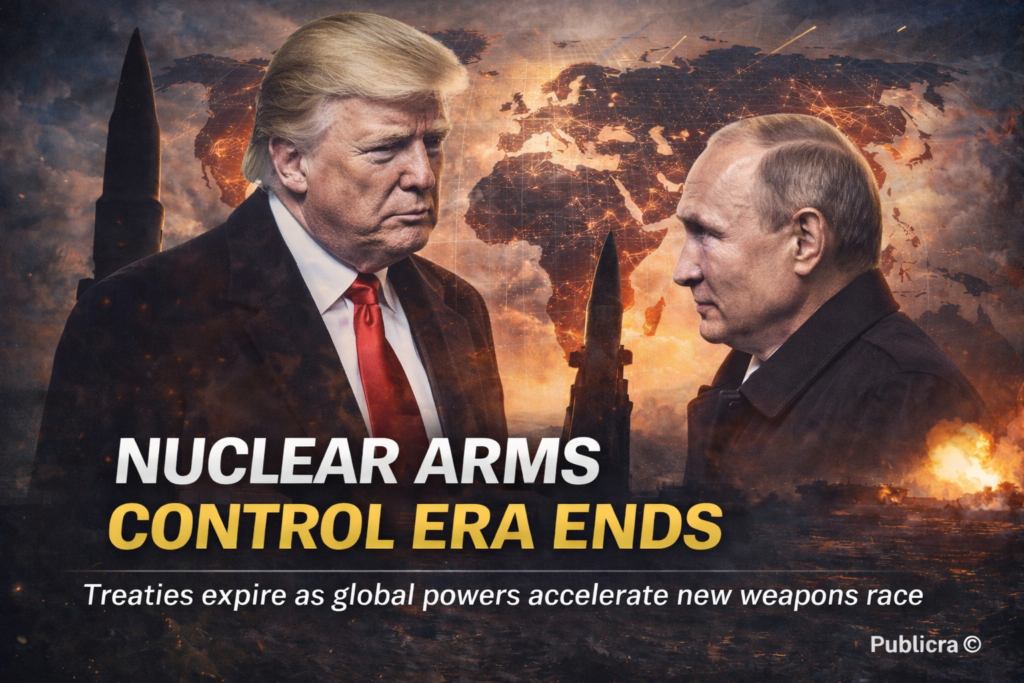 Symbolic image of nuclear missiles and world map representing end of arms control treaties