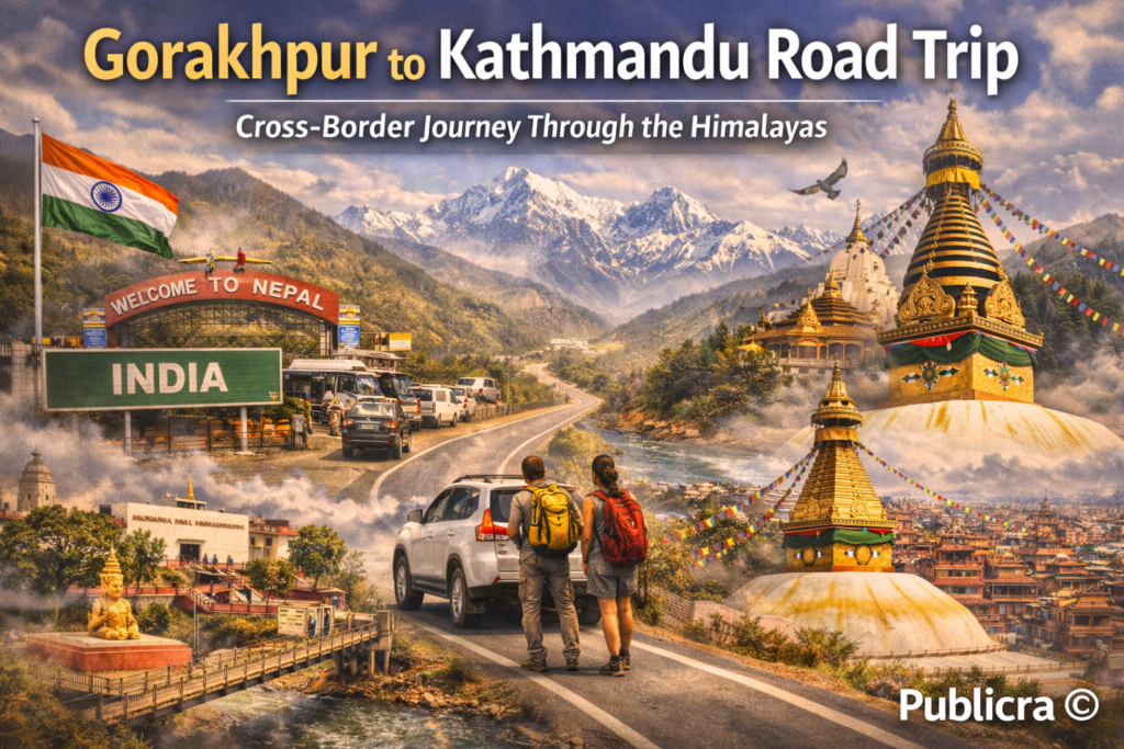 Scenic road journey from Gorakhpur in India to Kathmandu in Nepal through mountains and temples
