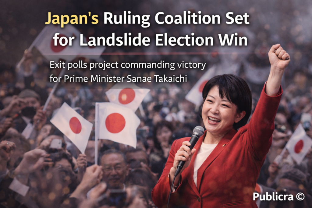 Japanese Prime Minister Sanae Takaichi addressing supporters after projected landslide election victory