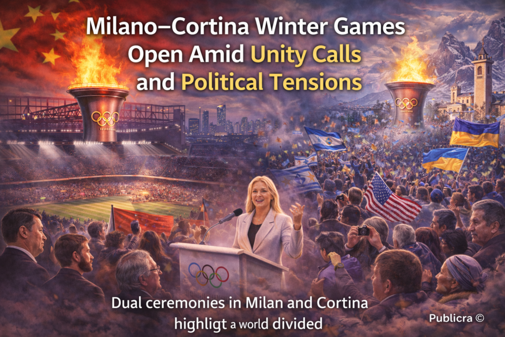 Opening ceremony of Milano–Cortina Winter Olympics with dual cauldrons lit in Milan and Cortina