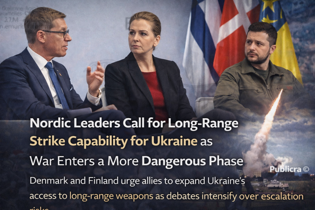 Finnish President Alexander Stubb, Danish Prime Minister Mette Frederiksen, and Ukrainian President Volodymyr Zelensky at an international security conference