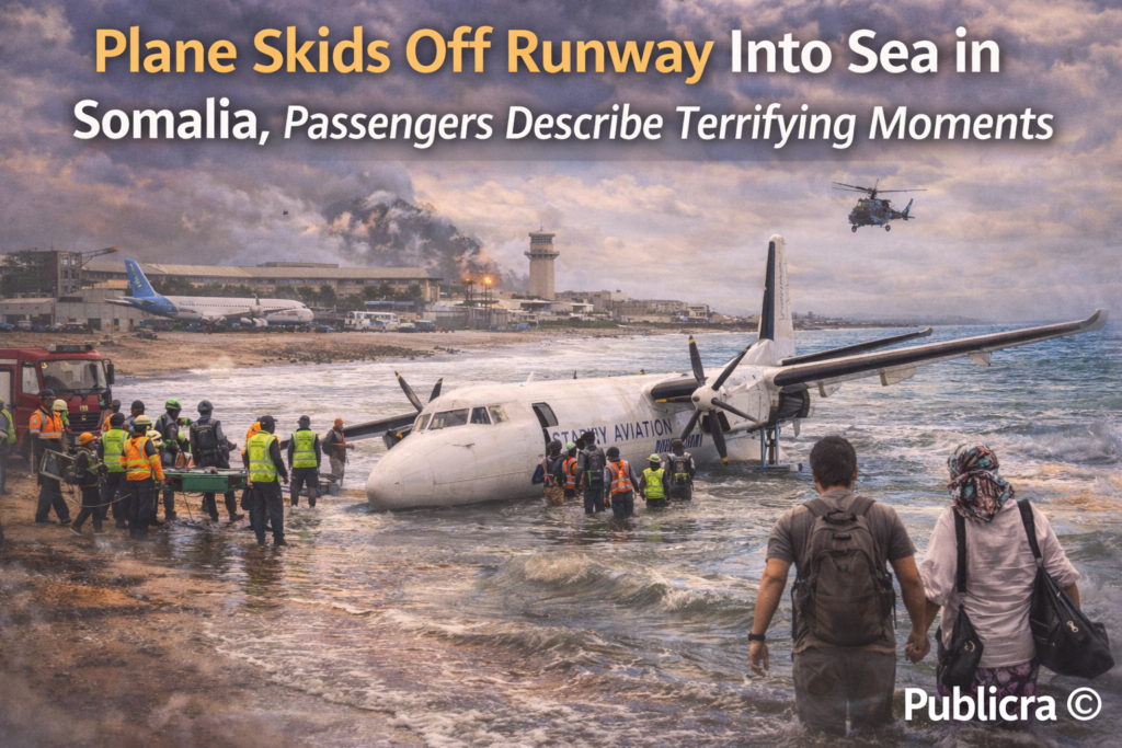Passenger plane crash lands near the shoreline at Mogadishu airport in Somalia as emergency crews respond