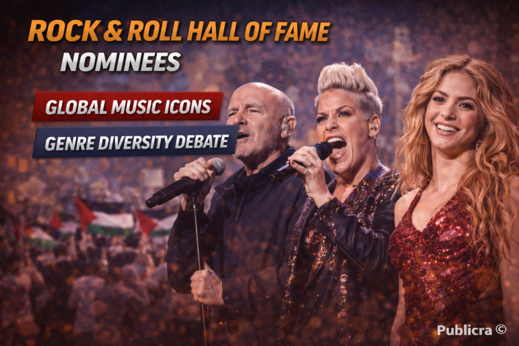 Composite image of Phil Collins, Pink and Shakira following Rock & Roll Hall of Fame nominations