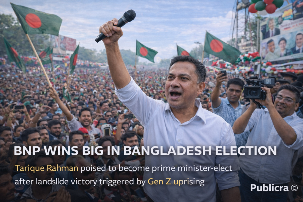 Tarique Rahman addressing supporters after BNP’s landslide victory in Bangladesh’s general election