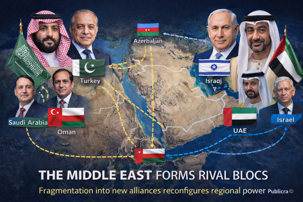 Middle East power shift illustration showing emerging rival blocs and regional alliances