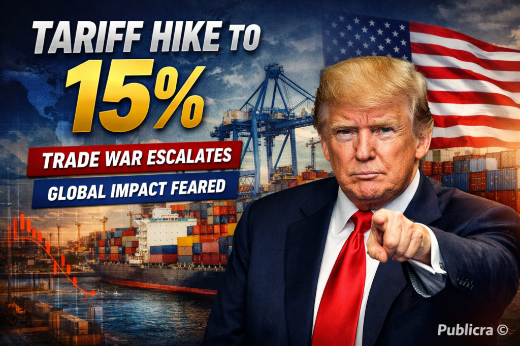 Cinematic editorial news graphic showing 15% global tariff impact on shipping and trade with Publicra watermark