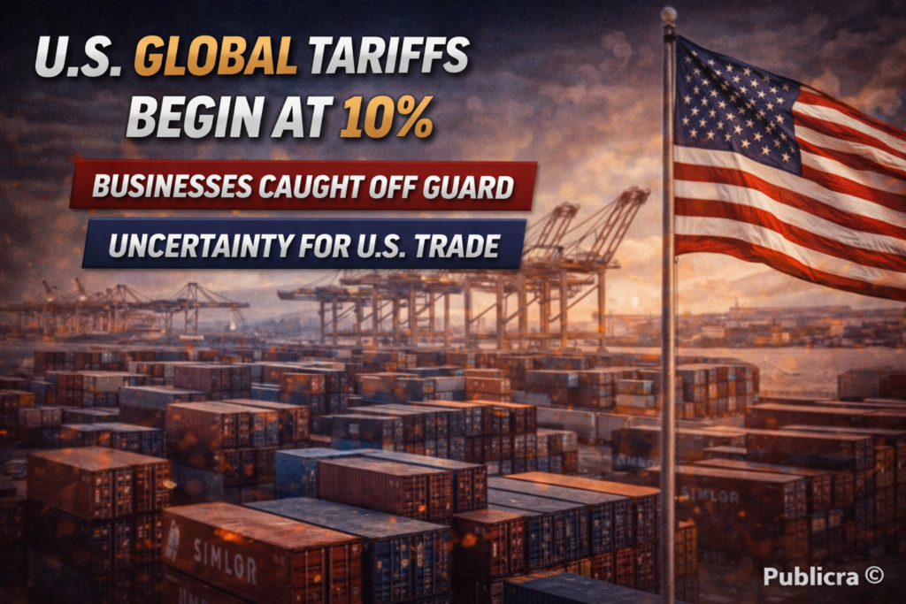 American flag flying over shipping containers at a major US port as global tariffs take effect