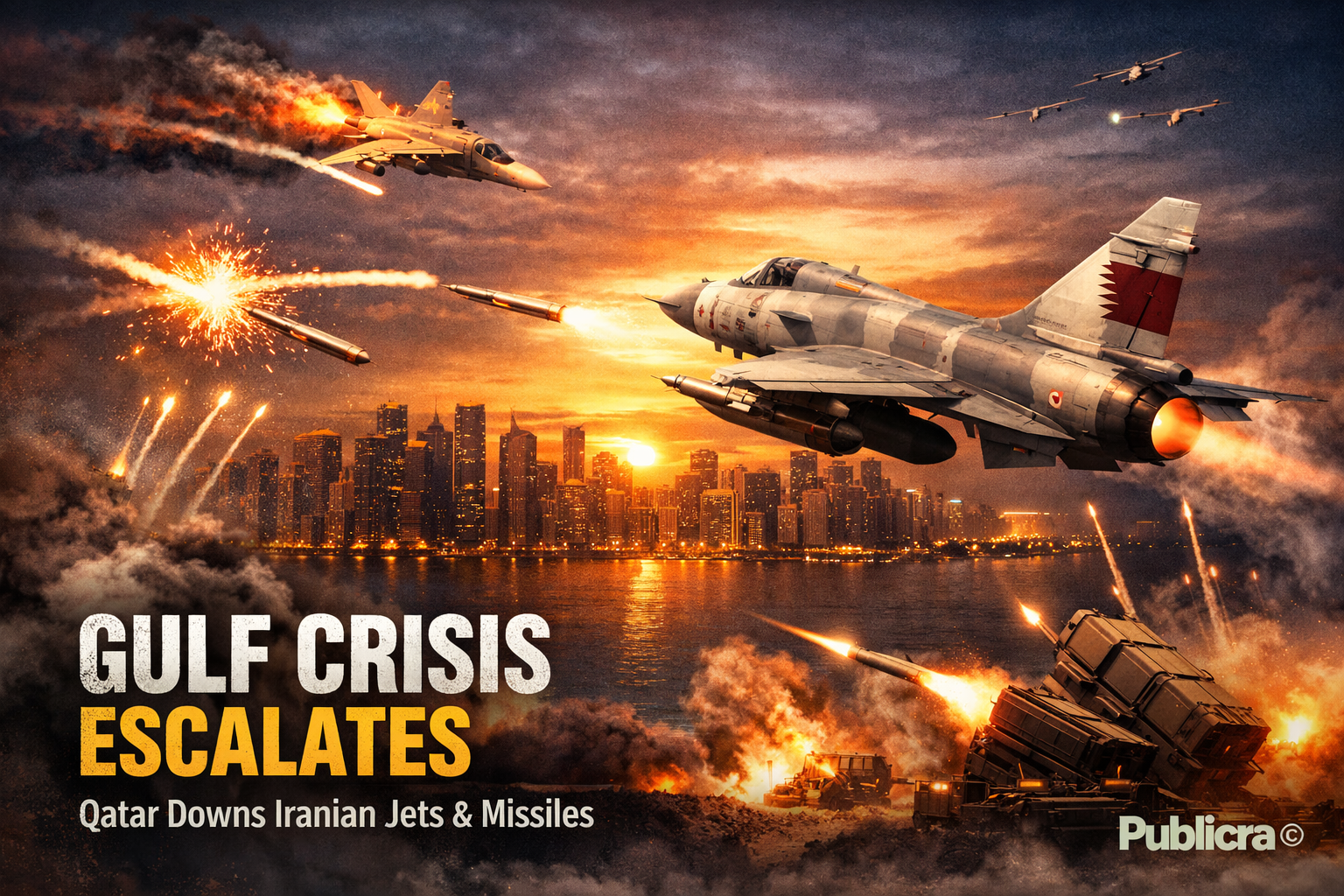 Doha skyline at sunset as Qatar confirms interception of Iranian missiles and downing of two SU-24 jets