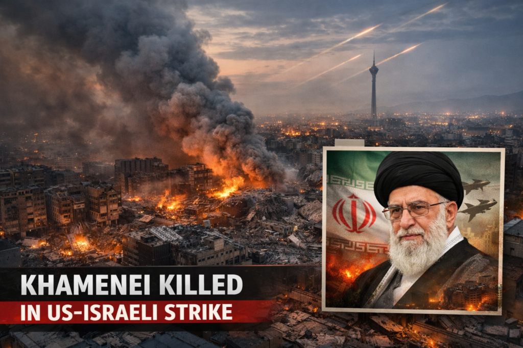 smoke and damage in Tehran following military strikes targeting Iran’s Supreme Leader’s compound