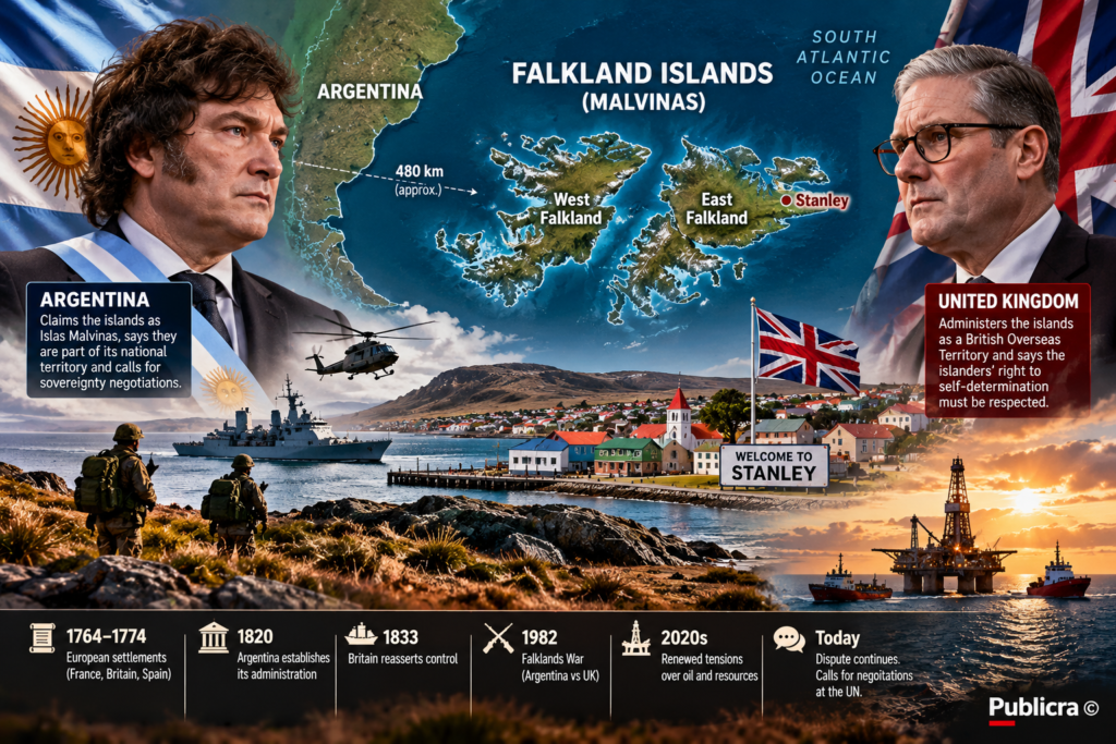 Falkland Islands Malvinas dispute showing Argentina, the United Kingdom, island map, Stanley, military forces and offshore oil development