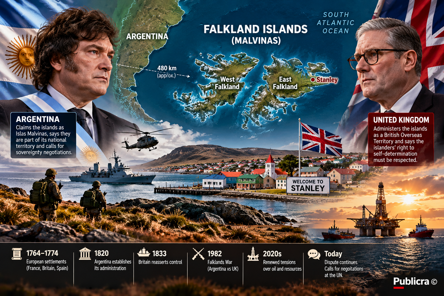 Falkland Islands Malvinas dispute showing Argentina, the United Kingdom, island map, Stanley, military forces and offshore oil development