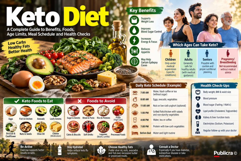 The keto diet, also known as the ketogenic diet, has become one of the world's most discussed low-carbohydrate eating patterns. It is used by some people for weight management and metabolic health, while medically supervised ketogenic diets have a much longer history in the treatment of certain forms of epilepsy. But keto is not simply a diet where people stop eating rice, bread and sugar. A properly planned ketogenic diet substantially reduces carbohydrate intake, provides adequate protein and obtains a large proportion of energy from fat. This metabolic change encourages the body to produce ketones and use more fat-derived fuel instead of relying primarily on glucose. Interest in keto remains high, but medical experts continue to emphasise an important point: the diet is not appropriate for everyone. Age, medications, diabetes, pregnancy, kidney and liver health, cholesterol levels, nutritional requirements and the reason for following the diet all matter. This guide explains the potential benefits and disadvantages of the keto diet, suitable foods, foods to limit, age considerations, a practical daily schedule and the health checks that may be useful before and during the diet. WHAT IS THE KETO DIET? A ketogenic diet is a very-low-carbohydrate, high-fat dietary pattern with adequate protein. Under ordinary circumstances, carbohydrates from foods such as rice, bread, potatoes, fruit and sugar are broken down into glucose, which is an important source of energy. When carbohydrate intake is reduced sufficiently, the body's available glucose supply falls. The liver begins converting fatty acids into substances called ketone bodies. When ketones become an important source of energy, the metabolic state is known as nutritional ketosis. This should not be confused with diabetic ketoacidosis (DKA). Nutritional ketosis from a ketogenic diet and DKA are very different conditions. DKA is a dangerous medical emergency involving excessive ketone production and metabolic acidosis, particularly associated with diabetes. The American Diabetes Association's 2026 Standards of Care highlight that very-low-carbohydrate eating patterns can increase the risk of ketoacidosis in certain people taking SGLT inhibitors. HOW MUCH CARBOHYDRATE IS ALLOWED ON KETO? There is no single carbohydrate target that works for every person. Many ketogenic plans restrict carbohydrate intake to roughly 20–50 grams of net carbohydrate per day, although medically prescribed ketogenic diets can be considerably more structured. The amount required to produce nutritional ketosis differs according to body size, activity, metabolism, health conditions and the particular form of ketogenic diet being followed. For this reason, a person does not necessarily need to copy another person's carbohydrate target. A clinical ketogenic diet used to treat epilepsy can be much stricter than the popular weight-loss version of keto. Johns Hopkins describes its therapeutic paediatric ketogenic diet as very high in fat, with only a very small quantity of carbohydrate and enough protein to support growth. POTENTIAL BENEFITS OF THE KETO DIET One reason keto attracts attention is its potential to produce relatively rapid changes in body weight, particularly during the beginning of the diet. When carbohydrate intake falls, stored glycogen decreases. Because glycogen is stored together with water, some of the early reduction seen on the weighing scale represents water loss rather than body-fat loss. Over a longer period, weight reduction depends on several factors, including total energy intake, appetite, food quality, physical activity, adherence and individual metabolism. Some people report that meals containing protein and fat keep them satisfied for longer and reduce frequent snacking. If this results in a sustained reduction in energy intake, it can support weight loss. Very-low-carbohydrate diets can also change blood glucose and insulin requirements. However, this makes medical supervision particularly important for people taking diabetes medicines because medication doses may need adjustment. One of the best-established medical uses of the ketogenic diet is epilepsy treatment. Johns Hopkins notes that ketogenic dietary therapy has been used for decades for children with seizures, particularly when seizures are not adequately controlled with medication. It should be managed by an experienced medical and dietetic team rather than attempted as a home treatment without professional supervision. KETO IS NOT AUTOMATICALLY A HEART-HEALTHY DIET An important modern discussion about keto concerns the type of fat people eat. A ketogenic diet based heavily on processed meat, butter, cream, large quantities of cheese and other foods rich in saturated fat is nutritionally very different from a low-carbohydrate diet emphasising olive oil, avocado, nuts, seeds, fish and minimally processed foods. The American Heart Association's 2026 dietary guidance continues to recommend choosing unsaturated fats instead of saturated fats, consuming healthy protein sources, minimising added sugars and ultraprocessed foods and eating an overall nutrient-rich dietary pattern. Therefore, simply achieving ketosis should not be the only goal. Food quality still matters. WHICH AGES CAN FOLLOW A KETO DIET? Age alone does not determine whether keto is safe. For a generally healthy adult considering keto for weight management, an assessment of medical history, medications and nutritional needs is more meaningful than choosing an arbitrary minimum or maximum age. Children and adolescents Children should not be placed on a strict ketogenic diet for routine weight loss without professional paediatric and dietetic supervision. Children need adequate energy, protein, vitamins, minerals and other nutrients for normal growth and development. There are specific medical situations where a ketogenic diet may be prescribed for children. The most established example is certain difficult-to-control seizure disorders. In these cases, keto is a medical nutritional therapy, not an internet diet plan. Johns Hopkins explains that children following therapeutic keto require careful meal calculation, monitoring and vitamin and mineral supplementation because the strict diet is not nutritionally balanced by itself. Adults Adults make up the largest group using keto for weight management. A healthy adult may be able to follow a well-planned low-carbohydrate or ketogenic diet, but existing illnesses and medications should be considered first. People with diabetes, kidney disease, liver disease, gallbladder problems, lipid disorders or other chronic medical conditions should discuss major dietary changes with their healthcare professional. Adults over 65 There is no universal age at which keto suddenly becomes prohibited. However, older adults require additional caution because maintaining muscle mass, adequate protein, hydration and overall nutritional intake becomes increasingly important. Older people may also be taking several medicines or living with kidney disease, diabetes, cardiovascular disease or other conditions that can affect the suitability of restrictive diets. A strict ketogenic plan should therefore be individualised rather than automatically recommended to everyone over a particular age. WHO SHOULD GET MEDICAL ADVICE BEFORE STARTING KETO? Medical guidance is particularly important for people with type 1 diabetes, type 2 diabetes requiring medication, kidney or liver disease, a history of pancreatitis or gallbladder disease, pregnancy or breastfeeding, eating disorders, significant lipid abnormalities, or complex chronic medical conditions. Anyone taking medicines that lower blood glucose should also discuss keto with their clinician before dramatically reducing carbohydrate intake. Particular caution is required with SGLT2 inhibitor medicines, which include drugs such as empagliflozin and dapagliflozin. The ADA's 2026 Standards of Care identify very-low-carbohydrate diets, prolonged fasting and dehydration among factors associated with increased DKA risk in people using SGLT inhibitors. Importantly, SGLT2-associated ketoacidosis can sometimes occur without extremely high blood glucose. KETO FOODS: WHAT CAN YOU EAT? A healthier keto approach should prioritise nutrient-dense, minimally processed foods rather than treating the diet as permission to consume unlimited saturated fat. Suitable protein choices can include eggs, fish, chicken, turkey, seafood and unprocessed meat. Vegetarian options can include tofu and other low-carbohydrate protein foods, depending on the individual's carbohydrate target. Fat sources can include extra-virgin olive oil, avocado, olives, nuts and seeds. Low-carbohydrate vegetables are particularly important because an unnecessarily meat-heavy keto diet can lack fibre and micronutrients. Useful vegetables include spinach, lettuce, cucumber, cauliflower, broccoli, cabbage, courgette, mushrooms, asparagus, peppers and other non-starchy vegetables. Full-fat unsweetened yoghurt and cheese may fit some keto plans, although portion size and saturated-fat intake should still be considered. Small portions of berries may also fit into less restrictive versions of keto. Water should remain the main drink. FOODS GENERALLY LIMITED ON A STRICT KETO DIET Foods that can rapidly raise carbohydrate intake include sugar, sweets, cakes, biscuits, sweetened beverages, conventional bread, pasta, noodles, large portions of rice and many breakfast cereals. Potatoes and other starchy foods are usually restricted on strict keto. Fruit deserves more explanation. Fruit contains valuable nutrients, but many fruits also contain enough natural carbohydrate to make strict ketosis difficult when eaten in ordinary portions. Keto plans therefore commonly use smaller portions of lower-carbohydrate fruits such as berries. Legumes and whole grains are also restricted on many ketogenic diets because of their carbohydrate content. This creates one of the important nutritional trade-offs of keto: several foods normally considered part of healthy dietary patterns may be limited simply because they contain carbohydrates. INDIAN AND KERALA FOODS ON KETO Following keto in India can be challenging because many traditional meals are centred around rice, chapati, dosa, idli, appam, puttu or other carbohydrate-rich foods. A Kerala-style keto meal might instead combine fish or chicken with non-starchy vegetables, salad and a carefully chosen fat source. Egg dishes can also work well. Traditional coconut can fit into a low-carbohydrate plan, but it is sensible to vary fat sources rather than depending exclusively on coconut oil, butter or ghee. Using more unsaturated fats from foods such as nuts, seeds, fish and appropriate vegetable oils can help improve the overall nutritional quality of the diet. SAMPLE ONE-DAY KETO SCHEDULE 7:00 AM – After waking Drink water. Tea or coffee without sugar may be used if tolerated. Avoid automatically adding butter or large amounts of cream simply because the diet is called keto. 8:00 AM – Breakfast A vegetable omelette made with eggs, spinach, mushrooms and a modest amount of cheese can provide protein, fat and micronutrients. Avocado or a small portion of nuts can be added depending on energy requirements. 11:00 AM – Optional snack If genuinely hungry, consider a small portion of nuts, a boiled egg or unsweetened low-carbohydrate yoghurt. Snacks are not compulsory if breakfast keeps you satisfied. 1:00 PM – Lunch Choose grilled fish, chicken or another protein source with a generous serving of non-starchy vegetables and salad. Olive oil can be used as a dressing. 4:00 PM – Hydration Drink water. Unsweetened tea or coffee can be included if desired. Hydration deserves particular attention during the first stages of carbohydrate restriction. 7:00 PM – Dinner A meal could include fish, chicken, eggs or tofu with cauliflower, broccoli, cabbage, courgette or another low-carbohydrate vegetable. Before bed Avoid making late-night processed keto snacks a routine. Water can be taken according to thirst and individual medical requirements. This schedule is an example rather than a prescription. Calorie, protein, carbohydrate, fluid and electrolyte requirements vary substantially between individuals. DOES KETO MEAN UNLIMITED MEAT, CHEESE AND BUTTER? No. This is one of the biggest misunderstandings surrounding keto. A person can technically keep carbohydrate intake low while consuming large quantities of processed meat, butter and cheese. That does not automatically make the resulting diet healthy. The 2026 American Heart Association guidance favours unsaturated fats over saturated fats and emphasises vegetables, healthy protein sources and minimally processed foods. A more health-conscious ketogenic pattern therefore focuses on food quality as well as carbohydrate quantity. MEDICAL CHECK-UPS BEFORE STARTING KETO Someone planning a major long-term dietary change can discuss baseline health measurements with a doctor or qualified dietitian. Depending on age, medical history, medicines and risk factors, a clinician may consider measurements such as: Body measurements: body weight, BMI and waist circumference. Blood pressure: particularly for people with hypertension or cardiovascular risk. Blood glucose assessment: fasting glucose and/or HbA1c when clinically appropriate. Lipid profile: total cholesterol, LDL cholesterol, HDL cholesterol and triglycerides. Kidney assessment: creatinine and estimated glomerular filtration rate, with additional testing when indicated. Liver assessment: liver-function tests when clinically appropriate. Electrolytes: sodium, potassium and other tests depending on health status and medications. Additional tests may be needed for a particular individual, but there is no universal laboratory package that every healthy person must undergo simply because they want to reduce carbohydrates. FOLLOW-UP AFTER STARTING KETO Follow-up is particularly useful when keto is being used for months rather than days. Weight, waist measurement and blood pressure can be monitored periodically. People with diabetes may require considerably closer glucose monitoring, especially when medications are being used. A clinician may repeat lipid, kidney, liver or glucose-related tests after an appropriate interval based on the person's baseline results and medical history. If LDL cholesterol rises substantially, persistent gastrointestinal problems develop, kidney function changes or glucose control becomes problematic, the dietary plan should be reassessed. The purpose of follow-up is not merely to see whether body weight has decreased. A diet should support overall health, not simply produce a lower number on the weighing scale. WHAT IS “KETO FLU”? Some people experience unpleasant symptoms when they sharply reduce carbohydrate intake. These may include headache, fatigue, weakness, irritability, dizziness, difficulty concentrating or constipation. This collection of symptoms is often informally called “keto flu,” although it is not influenza and is not caused by a virus. Changes in fluid balance, dietary intake and adaptation to carbohydrate restriction may contribute. Adequate hydration, sufficient nutrition and avoiding unnecessarily extreme restriction may help. Persistent, severe or worsening symptoms should not simply be dismissed as keto flu. CONSTIPATION AND DIGESTIVE PROBLEMS Constipation can occur when people remove bread, grains, fruit and legumes but fail to replace their usual fibre intake with suitable vegetables, nuts and seeds. A better-planned keto diet should include adequate low-carbohydrate vegetables and other appropriate fibre sources. Persistent vomiting, severe abdominal pain, marked weakness or inability to maintain fluids requires medical assessment rather than dietary experimentation. KETO AND CHOLESTEROL The effect of keto on blood lipids varies between individuals. Triglycerides may improve in some people during carbohydrate restriction and weight loss, but LDL cholesterol can rise considerably in certain individuals. This is another reason why the type of dietary fat matters. Replacing some saturated-fat sources with unsaturated-fat sources is consistent with current American Heart Association cardiovascular guidance. People with known cardiovascular disease, familial cholesterol disorders or markedly elevated LDL cholesterol should not ignore their lipid results simply because their weight is decreasing. KETO AND DIABETES NEED SPECIAL ATTENTION Keto should never be treated casually in someone taking diabetes medication. Reducing carbohydrates can alter blood glucose rapidly. Insulin or other glucose-lowering medication may need adjustment under professional guidance. The distinction between nutritional ketosis and diabetic ketoacidosis is especially important. DKA is potentially life-threatening. Symptoms can include nausea, vomiting, abdominal pain, dehydration, rapid or deep breathing, weakness and altered mental status. People at risk should follow their diabetes team's instructions regarding glucose and ketone monitoring. Current ADA guidance particularly highlights ketoacidosis risk in susceptible people taking SGLT inhibitors during carbohydrate restriction, fasting, illness or dehydration. HOW LONG SHOULD SOMEONE FOLLOW KETO? There is no scientifically established single duration that is correct for everybody. Some people use a ketogenic approach temporarily for weight loss before moving to a less restrictive eating pattern. Others follow a low-carbohydrate lifestyle for longer periods. Therapeutic ketogenic diets for epilepsy follow a different clinical pathway. Johns Hopkins notes that many children treated for seizures remain on the diet for around two years before it is gradually changed, although treatment duration varies. For weight management, long-term success depends less on achieving the highest possible ketone level and more on whether the eating pattern is nutritionally adequate, medically safe and sustainable. IS KETO BETTER THAN EVERY OTHER DIET? There is no single diet that is best for every person. Keto can be an effective strategy for some people, particularly when it helps them control appetite and maintain a lower energy intake. Other people find Mediterranean-style, moderate-carbohydrate or other balanced dietary patterns much easier to maintain. Sustainability matters because repeatedly losing weight on a highly restrictive diet and regaining it after abandoning the diet may not produce the desired long-term result. The American Heart Association's current dietary guidance continues to emphasise overall dietary quality across the lifespan rather than focusing on one macronutrient alone. THE BOTTOM LINE The keto diet can be useful in specific situations, but it is not a universal solution for weight loss or better health. A properly designed ketogenic diet should provide adequate protein, vegetables, micronutrients and appropriate sources of fat while substantially restricting carbohydrates. Adults considering keto should take their health history and medications into account. Children should not be placed on strict keto casually; therapeutic ketogenic diets for paediatric epilepsy require specialist supervision. Older adults need particular attention to nutrition, hydration and preservation of muscle mass. People with diabetes—especially those using insulin or SGLT2 inhibitors—require additional medical guidance because major carbohydrate restriction can interact with treatment and, in susceptible individuals, contribute to dangerous ketoacidosis. The most important question is therefore not simply, “Can keto make me lose weight?” A better question is: “Can I follow this diet safely, obtain the nutrients my body needs and maintain the results over the long term?” For anyone with a chronic medical condition, taking prescription medicines, pregnant or breastfeeding, or planning a strict ketogenic diet for a child, professional medical and dietetic advice should come before major dietary restriction.