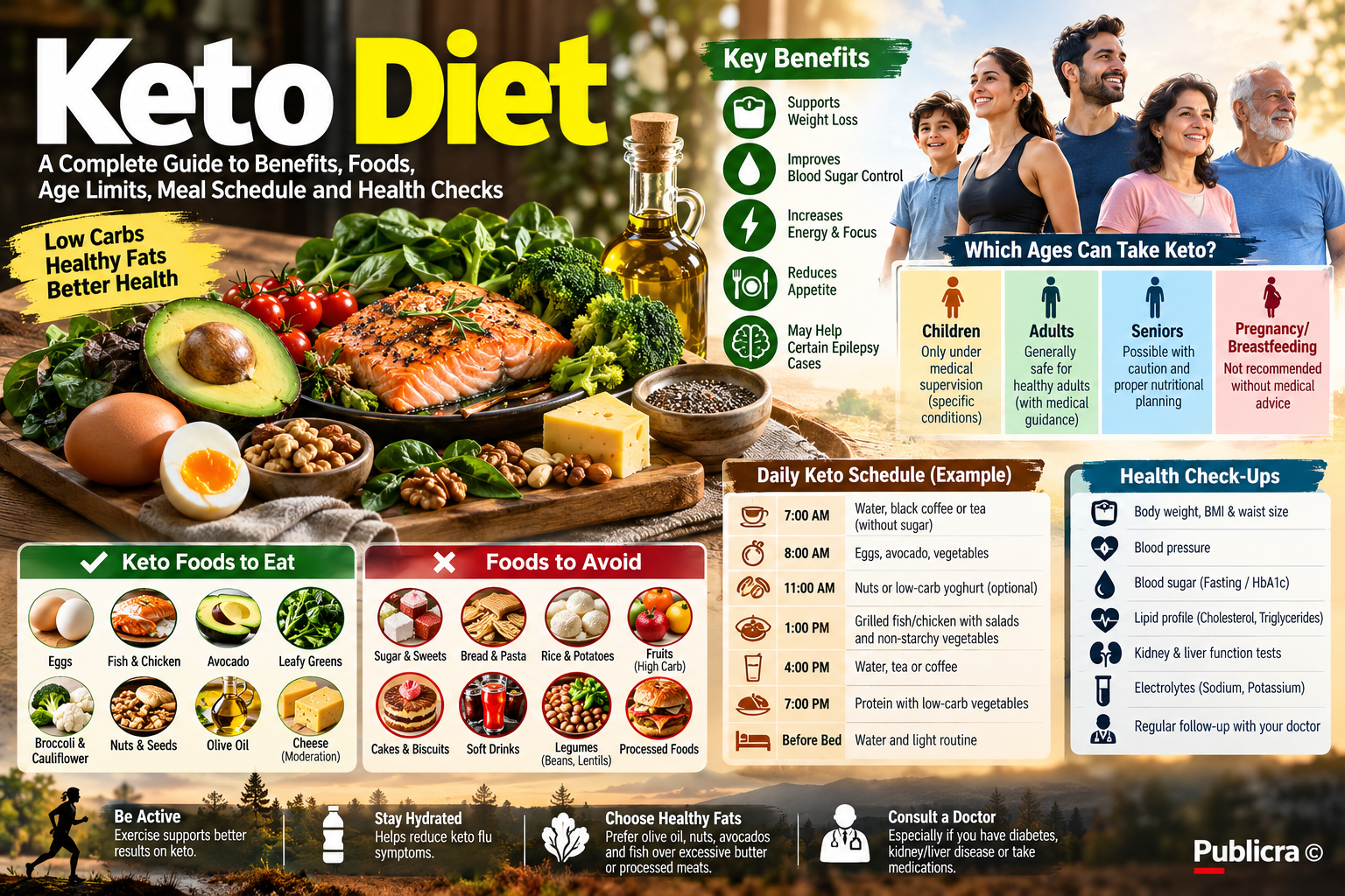 The keto diet, also known as the ketogenic diet, has become one of the world's most discussed low-carbohydrate eating patterns. It is used by some people for weight management and metabolic health, while medically supervised ketogenic diets have a much longer history in the treatment of certain forms of epilepsy. But keto is not simply a diet where people stop eating rice, bread and sugar. A properly planned ketogenic diet substantially reduces carbohydrate intake, provides adequate protein and obtains a large proportion of energy from fat. This metabolic change encourages the body to produce ketones and use more fat-derived fuel instead of relying primarily on glucose. Interest in keto remains high, but medical experts continue to emphasise an important point: the diet is not appropriate for everyone. Age, medications, diabetes, pregnancy, kidney and liver health, cholesterol levels, nutritional requirements and the reason for following the diet all matter. This guide explains the potential benefits and disadvantages of the keto diet, suitable foods, foods to limit, age considerations, a practical daily schedule and the health checks that may be useful before and during the diet. WHAT IS THE KETO DIET? A ketogenic diet is a very-low-carbohydrate, high-fat dietary pattern with adequate protein. Under ordinary circumstances, carbohydrates from foods such as rice, bread, potatoes, fruit and sugar are broken down into glucose, which is an important source of energy. When carbohydrate intake is reduced sufficiently, the body's available glucose supply falls. The liver begins converting fatty acids into substances called ketone bodies. When ketones become an important source of energy, the metabolic state is known as nutritional ketosis. This should not be confused with diabetic ketoacidosis (DKA). Nutritional ketosis from a ketogenic diet and DKA are very different conditions. DKA is a dangerous medical emergency involving excessive ketone production and metabolic acidosis, particularly associated with diabetes. The American Diabetes Association's 2026 Standards of Care highlight that very-low-carbohydrate eating patterns can increase the risk of ketoacidosis in certain people taking SGLT inhibitors. HOW MUCH CARBOHYDRATE IS ALLOWED ON KETO? There is no single carbohydrate target that works for every person. Many ketogenic plans restrict carbohydrate intake to roughly 20–50 grams of net carbohydrate per day, although medically prescribed ketogenic diets can be considerably more structured. The amount required to produce nutritional ketosis differs according to body size, activity, metabolism, health conditions and the particular form of ketogenic diet being followed. For this reason, a person does not necessarily need to copy another person's carbohydrate target. A clinical ketogenic diet used to treat epilepsy can be much stricter than the popular weight-loss version of keto. Johns Hopkins describes its therapeutic paediatric ketogenic diet as very high in fat, with only a very small quantity of carbohydrate and enough protein to support growth. POTENTIAL BENEFITS OF THE KETO DIET One reason keto attracts attention is its potential to produce relatively rapid changes in body weight, particularly during the beginning of the diet. When carbohydrate intake falls, stored glycogen decreases. Because glycogen is stored together with water, some of the early reduction seen on the weighing scale represents water loss rather than body-fat loss. Over a longer period, weight reduction depends on several factors, including total energy intake, appetite, food quality, physical activity, adherence and individual metabolism. Some people report that meals containing protein and fat keep them satisfied for longer and reduce frequent snacking. If this results in a sustained reduction in energy intake, it can support weight loss. Very-low-carbohydrate diets can also change blood glucose and insulin requirements. However, this makes medical supervision particularly important for people taking diabetes medicines because medication doses may need adjustment. One of the best-established medical uses of the ketogenic diet is epilepsy treatment. Johns Hopkins notes that ketogenic dietary therapy has been used for decades for children with seizures, particularly when seizures are not adequately controlled with medication. It should be managed by an experienced medical and dietetic team rather than attempted as a home treatment without professional supervision. KETO IS NOT AUTOMATICALLY A HEART-HEALTHY DIET An important modern discussion about keto concerns the type of fat people eat. A ketogenic diet based heavily on processed meat, butter, cream, large quantities of cheese and other foods rich in saturated fat is nutritionally very different from a low-carbohydrate diet emphasising olive oil, avocado, nuts, seeds, fish and minimally processed foods. The American Heart Association's 2026 dietary guidance continues to recommend choosing unsaturated fats instead of saturated fats, consuming healthy protein sources, minimising added sugars and ultraprocessed foods and eating an overall nutrient-rich dietary pattern. Therefore, simply achieving ketosis should not be the only goal. Food quality still matters. WHICH AGES CAN FOLLOW A KETO DIET? Age alone does not determine whether keto is safe. For a generally healthy adult considering keto for weight management, an assessment of medical history, medications and nutritional needs is more meaningful than choosing an arbitrary minimum or maximum age. Children and adolescents Children should not be placed on a strict ketogenic diet for routine weight loss without professional paediatric and dietetic supervision. Children need adequate energy, protein, vitamins, minerals and other nutrients for normal growth and development. There are specific medical situations where a ketogenic diet may be prescribed for children. The most established example is certain difficult-to-control seizure disorders. In these cases, keto is a medical nutritional therapy, not an internet diet plan. Johns Hopkins explains that children following therapeutic keto require careful meal calculation, monitoring and vitamin and mineral supplementation because the strict diet is not nutritionally balanced by itself. Adults Adults make up the largest group using keto for weight management. A healthy adult may be able to follow a well-planned low-carbohydrate or ketogenic diet, but existing illnesses and medications should be considered first. People with diabetes, kidney disease, liver disease, gallbladder problems, lipid disorders or other chronic medical conditions should discuss major dietary changes with their healthcare professional. Adults over 65 There is no universal age at which keto suddenly becomes prohibited. However, older adults require additional caution because maintaining muscle mass, adequate protein, hydration and overall nutritional intake becomes increasingly important. Older people may also be taking several medicines or living with kidney disease, diabetes, cardiovascular disease or other conditions that can affect the suitability of restrictive diets. A strict ketogenic plan should therefore be individualised rather than automatically recommended to everyone over a particular age. WHO SHOULD GET MEDICAL ADVICE BEFORE STARTING KETO? Medical guidance is particularly important for people with type 1 diabetes, type 2 diabetes requiring medication, kidney or liver disease, a history of pancreatitis or gallbladder disease, pregnancy or breastfeeding, eating disorders, significant lipid abnormalities, or complex chronic medical conditions. Anyone taking medicines that lower blood glucose should also discuss keto with their clinician before dramatically reducing carbohydrate intake. Particular caution is required with SGLT2 inhibitor medicines, which include drugs such as empagliflozin and dapagliflozin. The ADA's 2026 Standards of Care identify very-low-carbohydrate diets, prolonged fasting and dehydration among factors associated with increased DKA risk in people using SGLT inhibitors. Importantly, SGLT2-associated ketoacidosis can sometimes occur without extremely high blood glucose. KETO FOODS: WHAT CAN YOU EAT? A healthier keto approach should prioritise nutrient-dense, minimally processed foods rather than treating the diet as permission to consume unlimited saturated fat. Suitable protein choices can include eggs, fish, chicken, turkey, seafood and unprocessed meat. Vegetarian options can include tofu and other low-carbohydrate protein foods, depending on the individual's carbohydrate target. Fat sources can include extra-virgin olive oil, avocado, olives, nuts and seeds. Low-carbohydrate vegetables are particularly important because an unnecessarily meat-heavy keto diet can lack fibre and micronutrients. Useful vegetables include spinach, lettuce, cucumber, cauliflower, broccoli, cabbage, courgette, mushrooms, asparagus, peppers and other non-starchy vegetables. Full-fat unsweetened yoghurt and cheese may fit some keto plans, although portion size and saturated-fat intake should still be considered. Small portions of berries may also fit into less restrictive versions of keto. Water should remain the main drink. FOODS GENERALLY LIMITED ON A STRICT KETO DIET Foods that can rapidly raise carbohydrate intake include sugar, sweets, cakes, biscuits, sweetened beverages, conventional bread, pasta, noodles, large portions of rice and many breakfast cereals. Potatoes and other starchy foods are usually restricted on strict keto. Fruit deserves more explanation. Fruit contains valuable nutrients, but many fruits also contain enough natural carbohydrate to make strict ketosis difficult when eaten in ordinary portions. Keto plans therefore commonly use smaller portions of lower-carbohydrate fruits such as berries. Legumes and whole grains are also restricted on many ketogenic diets because of their carbohydrate content. This creates one of the important nutritional trade-offs of keto: several foods normally considered part of healthy dietary patterns may be limited simply because they contain carbohydrates. INDIAN AND KERALA FOODS ON KETO Following keto in India can be challenging because many traditional meals are centred around rice, chapati, dosa, idli, appam, puttu or other carbohydrate-rich foods. A Kerala-style keto meal might instead combine fish or chicken with non-starchy vegetables, salad and a carefully chosen fat source. Egg dishes can also work well. Traditional coconut can fit into a low-carbohydrate plan, but it is sensible to vary fat sources rather than depending exclusively on coconut oil, butter or ghee. Using more unsaturated fats from foods such as nuts, seeds, fish and appropriate vegetable oils can help improve the overall nutritional quality of the diet. SAMPLE ONE-DAY KETO SCHEDULE 7:00 AM – After waking Drink water. Tea or coffee without sugar may be used if tolerated. Avoid automatically adding butter or large amounts of cream simply because the diet is called keto. 8:00 AM – Breakfast A vegetable omelette made with eggs, spinach, mushrooms and a modest amount of cheese can provide protein, fat and micronutrients. Avocado or a small portion of nuts can be added depending on energy requirements. 11:00 AM – Optional snack If genuinely hungry, consider a small portion of nuts, a boiled egg or unsweetened low-carbohydrate yoghurt. Snacks are not compulsory if breakfast keeps you satisfied. 1:00 PM – Lunch Choose grilled fish, chicken or another protein source with a generous serving of non-starchy vegetables and salad. Olive oil can be used as a dressing. 4:00 PM – Hydration Drink water. Unsweetened tea or coffee can be included if desired. Hydration deserves particular attention during the first stages of carbohydrate restriction. 7:00 PM – Dinner A meal could include fish, chicken, eggs or tofu with cauliflower, broccoli, cabbage, courgette or another low-carbohydrate vegetable. Before bed Avoid making late-night processed keto snacks a routine. Water can be taken according to thirst and individual medical requirements. This schedule is an example rather than a prescription. Calorie, protein, carbohydrate, fluid and electrolyte requirements vary substantially between individuals. DOES KETO MEAN UNLIMITED MEAT, CHEESE AND BUTTER? No. This is one of the biggest misunderstandings surrounding keto. A person can technically keep carbohydrate intake low while consuming large quantities of processed meat, butter and cheese. That does not automatically make the resulting diet healthy. The 2026 American Heart Association guidance favours unsaturated fats over saturated fats and emphasises vegetables, healthy protein sources and minimally processed foods. A more health-conscious ketogenic pattern therefore focuses on food quality as well as carbohydrate quantity. MEDICAL CHECK-UPS BEFORE STARTING KETO Someone planning a major long-term dietary change can discuss baseline health measurements with a doctor or qualified dietitian. Depending on age, medical history, medicines and risk factors, a clinician may consider measurements such as: Body measurements: body weight, BMI and waist circumference. Blood pressure: particularly for people with hypertension or cardiovascular risk. Blood glucose assessment: fasting glucose and/or HbA1c when clinically appropriate. Lipid profile: total cholesterol, LDL cholesterol, HDL cholesterol and triglycerides. Kidney assessment: creatinine and estimated glomerular filtration rate, with additional testing when indicated. Liver assessment: liver-function tests when clinically appropriate. Electrolytes: sodium, potassium and other tests depending on health status and medications. Additional tests may be needed for a particular individual, but there is no universal laboratory package that every healthy person must undergo simply because they want to reduce carbohydrates. FOLLOW-UP AFTER STARTING KETO Follow-up is particularly useful when keto is being used for months rather than days. Weight, waist measurement and blood pressure can be monitored periodically. People with diabetes may require considerably closer glucose monitoring, especially when medications are being used. A clinician may repeat lipid, kidney, liver or glucose-related tests after an appropriate interval based on the person's baseline results and medical history. If LDL cholesterol rises substantially, persistent gastrointestinal problems develop, kidney function changes or glucose control becomes problematic, the dietary plan should be reassessed. The purpose of follow-up is not merely to see whether body weight has decreased. A diet should support overall health, not simply produce a lower number on the weighing scale. WHAT IS “KETO FLU”? Some people experience unpleasant symptoms when they sharply reduce carbohydrate intake. These may include headache, fatigue, weakness, irritability, dizziness, difficulty concentrating or constipation. This collection of symptoms is often informally called “keto flu,” although it is not influenza and is not caused by a virus. Changes in fluid balance, dietary intake and adaptation to carbohydrate restriction may contribute. Adequate hydration, sufficient nutrition and avoiding unnecessarily extreme restriction may help. Persistent, severe or worsening symptoms should not simply be dismissed as keto flu. CONSTIPATION AND DIGESTIVE PROBLEMS Constipation can occur when people remove bread, grains, fruit and legumes but fail to replace their usual fibre intake with suitable vegetables, nuts and seeds. A better-planned keto diet should include adequate low-carbohydrate vegetables and other appropriate fibre sources. Persistent vomiting, severe abdominal pain, marked weakness or inability to maintain fluids requires medical assessment rather than dietary experimentation. KETO AND CHOLESTEROL The effect of keto on blood lipids varies between individuals. Triglycerides may improve in some people during carbohydrate restriction and weight loss, but LDL cholesterol can rise considerably in certain individuals. This is another reason why the type of dietary fat matters. Replacing some saturated-fat sources with unsaturated-fat sources is consistent with current American Heart Association cardiovascular guidance. People with known cardiovascular disease, familial cholesterol disorders or markedly elevated LDL cholesterol should not ignore their lipid results simply because their weight is decreasing. KETO AND DIABETES NEED SPECIAL ATTENTION Keto should never be treated casually in someone taking diabetes medication. Reducing carbohydrates can alter blood glucose rapidly. Insulin or other glucose-lowering medication may need adjustment under professional guidance. The distinction between nutritional ketosis and diabetic ketoacidosis is especially important. DKA is potentially life-threatening. Symptoms can include nausea, vomiting, abdominal pain, dehydration, rapid or deep breathing, weakness and altered mental status. People at risk should follow their diabetes team's instructions regarding glucose and ketone monitoring. Current ADA guidance particularly highlights ketoacidosis risk in susceptible people taking SGLT inhibitors during carbohydrate restriction, fasting, illness or dehydration. HOW LONG SHOULD SOMEONE FOLLOW KETO? There is no scientifically established single duration that is correct for everybody. Some people use a ketogenic approach temporarily for weight loss before moving to a less restrictive eating pattern. Others follow a low-carbohydrate lifestyle for longer periods. Therapeutic ketogenic diets for epilepsy follow a different clinical pathway. Johns Hopkins notes that many children treated for seizures remain on the diet for around two years before it is gradually changed, although treatment duration varies. For weight management, long-term success depends less on achieving the highest possible ketone level and more on whether the eating pattern is nutritionally adequate, medically safe and sustainable. IS KETO BETTER THAN EVERY OTHER DIET? There is no single diet that is best for every person. Keto can be an effective strategy for some people, particularly when it helps them control appetite and maintain a lower energy intake. Other people find Mediterranean-style, moderate-carbohydrate or other balanced dietary patterns much easier to maintain. Sustainability matters because repeatedly losing weight on a highly restrictive diet and regaining it after abandoning the diet may not produce the desired long-term result. The American Heart Association's current dietary guidance continues to emphasise overall dietary quality across the lifespan rather than focusing on one macronutrient alone. THE BOTTOM LINE The keto diet can be useful in specific situations, but it is not a universal solution for weight loss or better health. A properly designed ketogenic diet should provide adequate protein, vegetables, micronutrients and appropriate sources of fat while substantially restricting carbohydrates. Adults considering keto should take their health history and medications into account. Children should not be placed on strict keto casually; therapeutic ketogenic diets for paediatric epilepsy require specialist supervision. Older adults need particular attention to nutrition, hydration and preservation of muscle mass. People with diabetes—especially those using insulin or SGLT2 inhibitors—require additional medical guidance because major carbohydrate restriction can interact with treatment and, in susceptible individuals, contribute to dangerous ketoacidosis. The most important question is therefore not simply, “Can keto make me lose weight?” A better question is: “Can I follow this diet safely, obtain the nutrients my body needs and maintain the results over the long term?” For anyone with a chronic medical condition, taking prescription medicines, pregnant or breastfeeding, or planning a strict ketogenic diet for a child, professional medical and dietetic advice should come before major dietary restriction.
