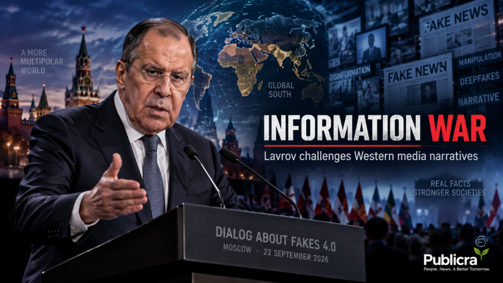 Sergey Lavrov speaking at a Moscow forum on fake news, disinformation, the Global South and international information warfare.