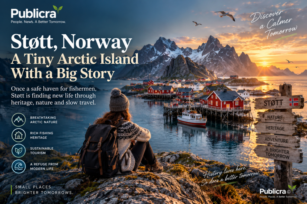 Støtt Norway Arctic island with traditional red fishing cabins, dramatic mountains and the Norwegian Sea.