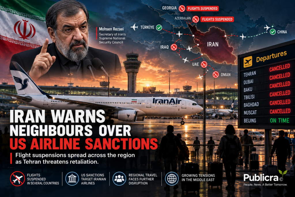 Iran Air passenger aircraft representing Iran's warning to neighbouring airports amid new US sanctions and regional flight disruptions.
