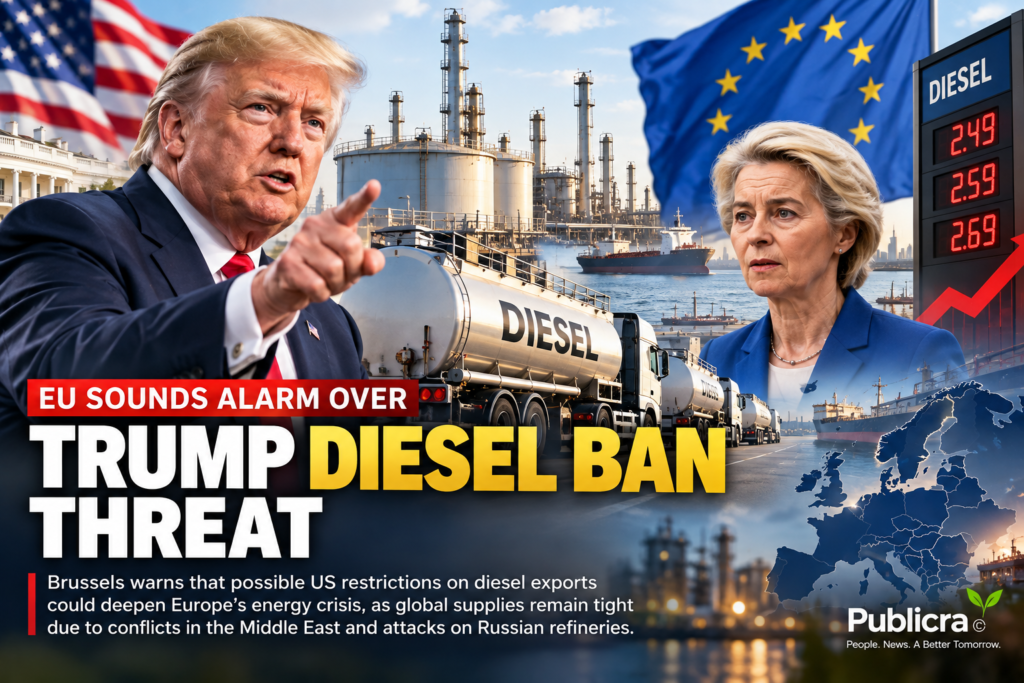 Donald Trump and European Union flags illustrating concerns over possible US diesel export restrictions and Europe's energy market