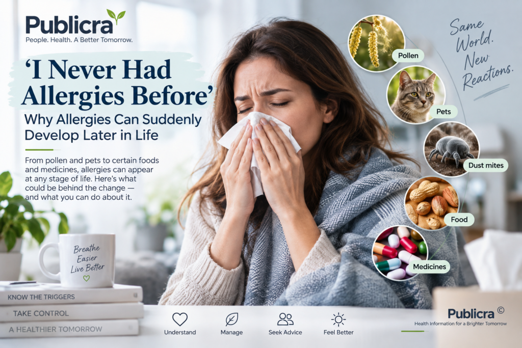 Woman experiencing allergy symptoms with common adult allergy triggers including pollen, pets, dust mites, food and medicines.