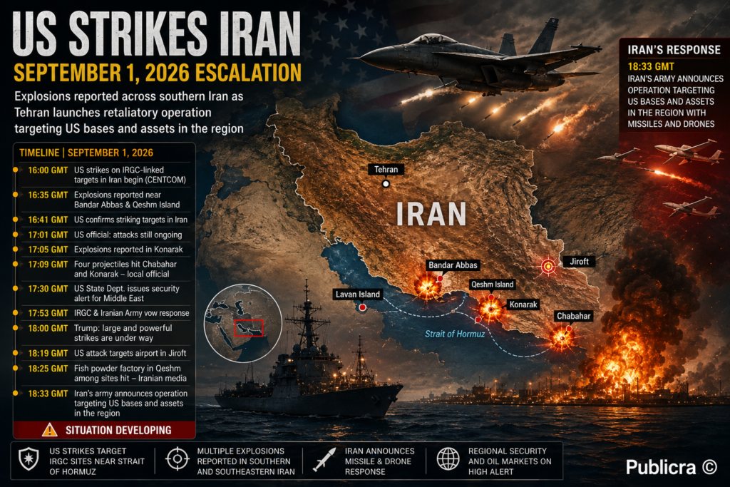 US strikes on Iran September 1 2026 editorial graphic showing southern Iran, Bandar Abbas, Qeshm Island, Konarak, Chabahar and the Strait of Hormuz